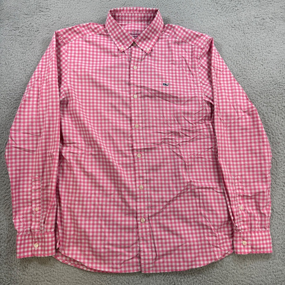 Vineyard Vines Performance Whale Shirt Mens Medium Pink Gingham Classic Fit LS